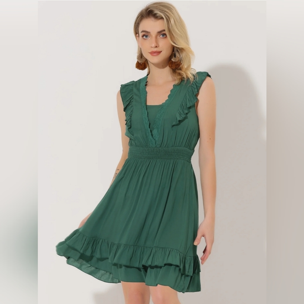 NWT Allegra K Sleeveless V Neck Lace Trim Smocked Waist Ruffle Dress Dark Green